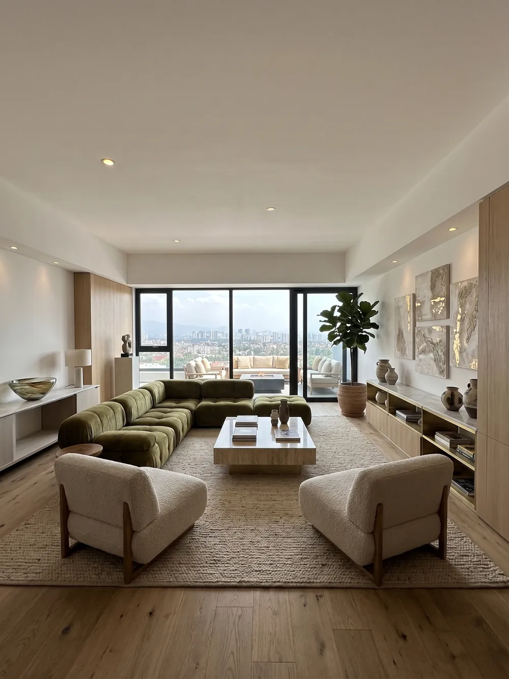Sala-comedor del departamento con ventanal de piso a techo y terraza privada