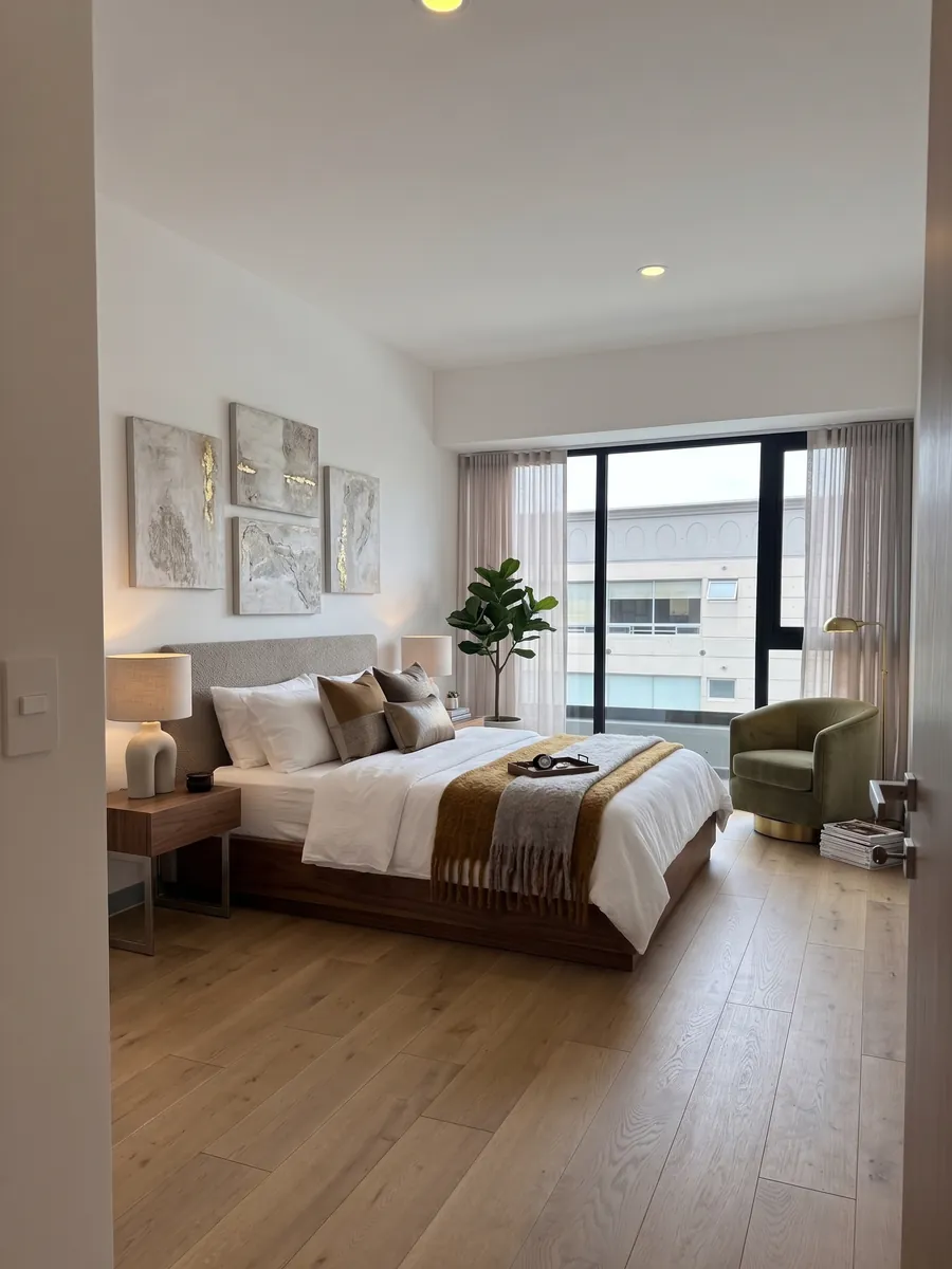 Recámara principal con cama amplia, arte en muro y ventanal con vista a la ciudad