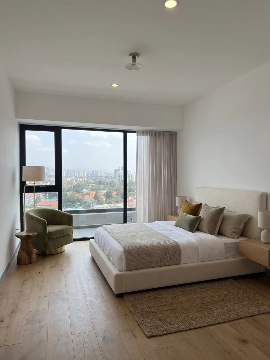 Recámara con sillón olivo y ventanal panorámico sobre Santa Fe
