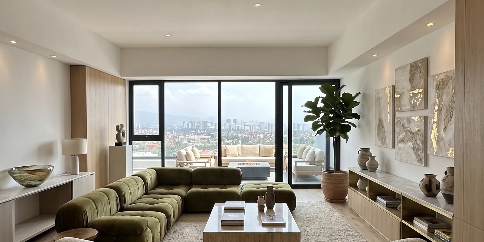 Ventanal panorámico y terraza privada con sala exterior, vista a Santa Fe